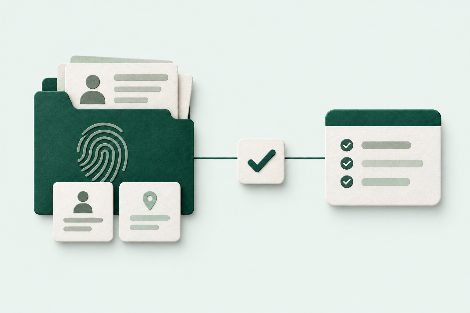 Illustration of verified identity information passing through an approval step to an application.